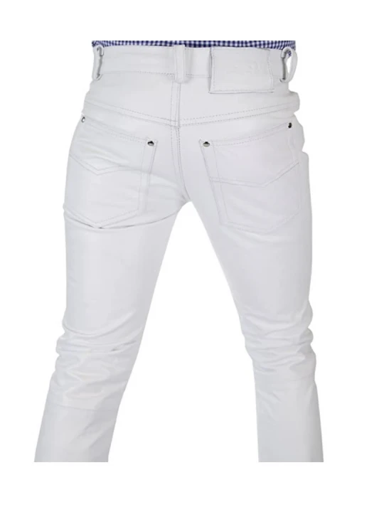Men Tight Tube White Leather Trouser Jeans Pants