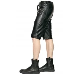 Men Zip Elastic Waistband Genuine Lambskin Black Leather Shorts