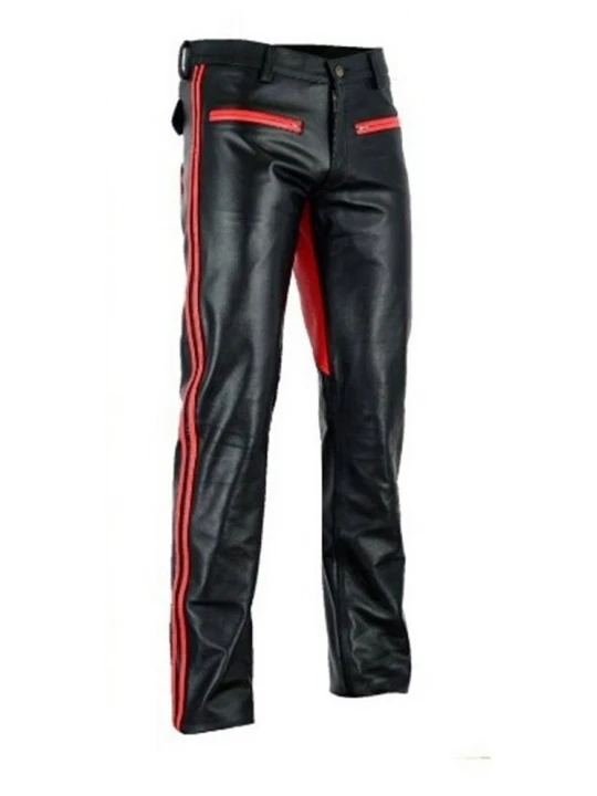 Mens Bootcut Fit Black Red Leather Pants Trouser