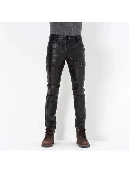 Mens Business Casual Slim Fit Genuine Black Leather Pants