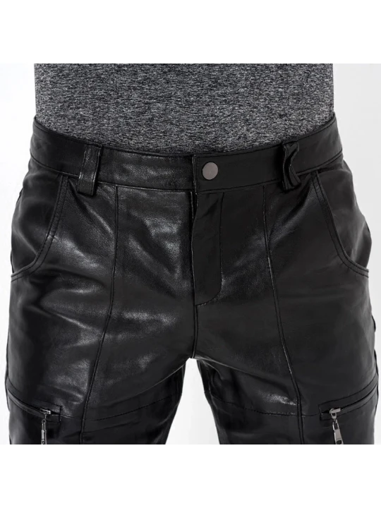 Mens Business Casual Slim Fit Genuine Black Leather Pants