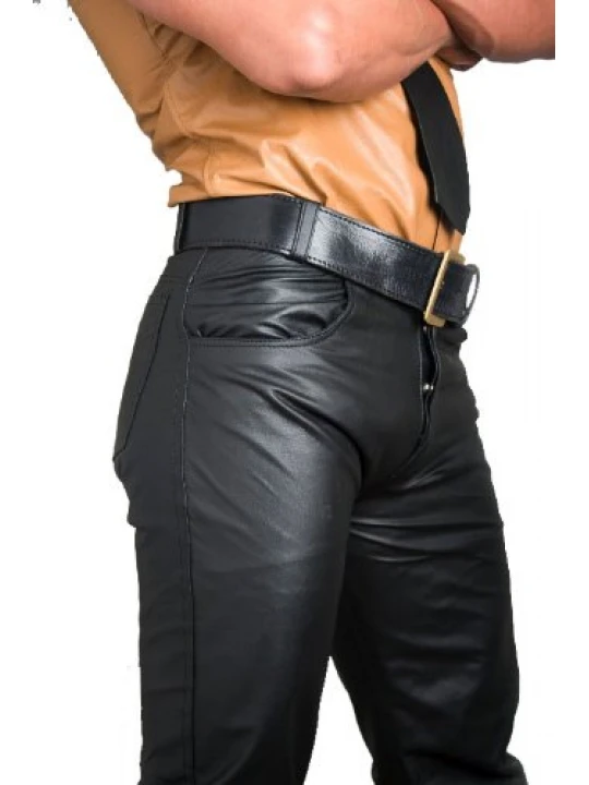 Mens Button Fly Classic Jeans Style Black Leather Pants