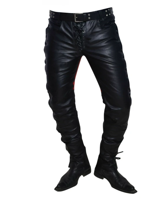 Mens Casual Custom Made Real Black and Red Leather Motorbike Pants