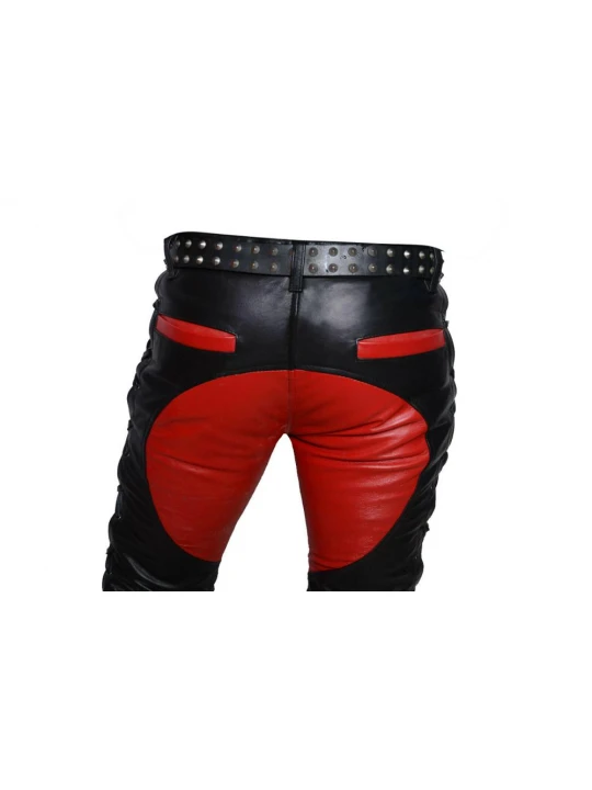 Mens Casual Custom Made Real Black and Red Leather Motorbike Pants