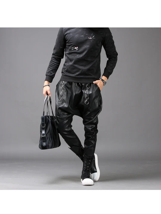Mens Casual Fashion Slim Harem Black Leather Trousers Pants