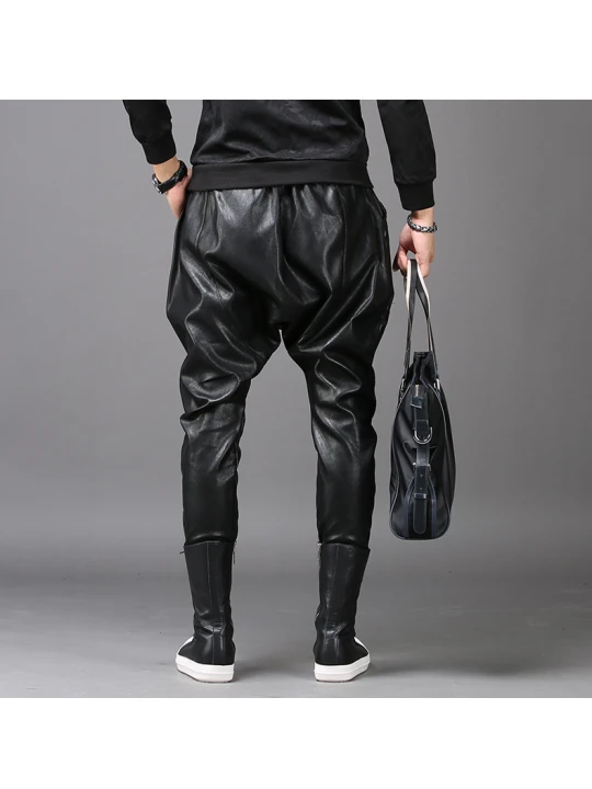 Mens Casual Fashion Slim Harem Black Leather Trousers Pants