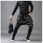 Mens Casual Fashion Slim Harem Black Leather Trousers Pants