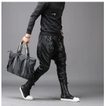 Mens Casual Fashion Slim Harem Black Leather Trousers Pants