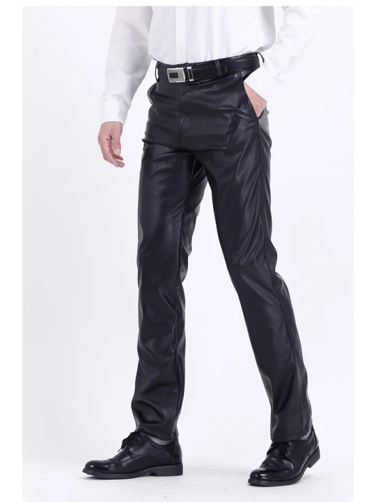 Mens Casual High Waist Real Black Leather Pants