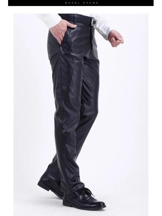 Mens Casual High Waist Real Black Leather Pants