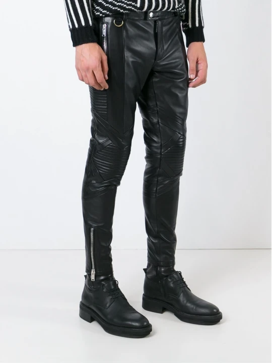 Mens Casual Real Black Leather Biker Trousers Pants