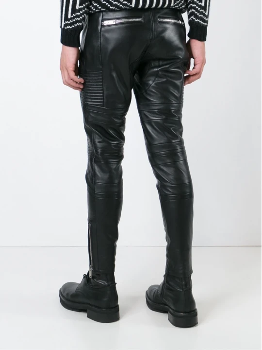 Mens Casual Real Black Leather Biker Trousers Pants