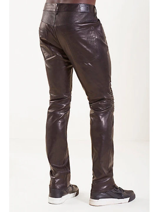 Mens Casual Skin Tight Fit Dark Brown Leather Pants