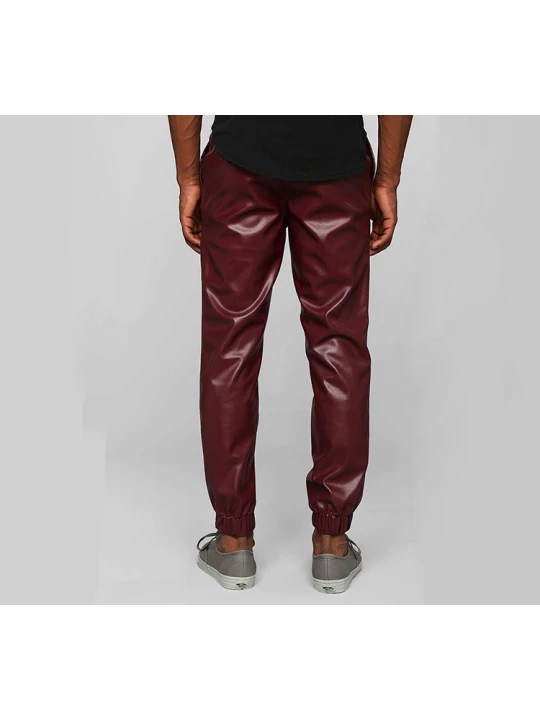 Mens Casual Street Style Motorbike Real Burgundy Leather Jogger Pants