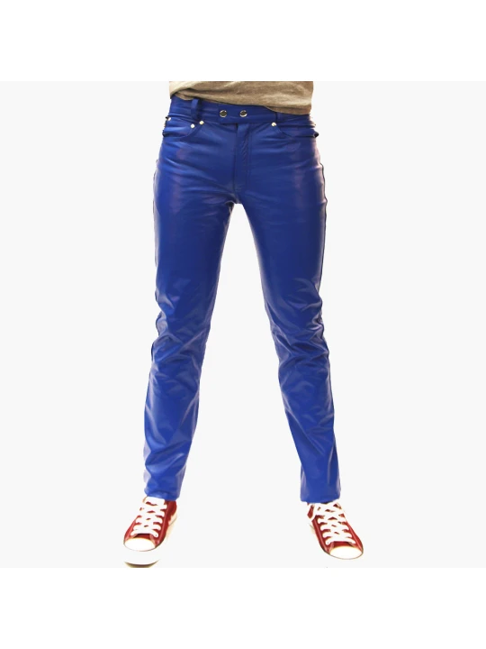 Mens Casual Wear Genuine Blue Leather Pants