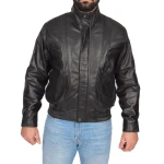 Mens Classic Fit Casual Style Soft Black Leather Bomber Jacket