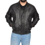 Mens Classic Fit Casual Style Soft Black Leather Bomber Jacket