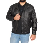 Mens Classic Fit Casual Style Soft Black Leather Bomber Jacket