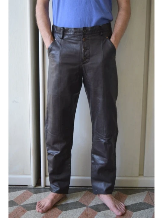 Mens Classic Genuine Soft Dark Brown Leather Straight Pants