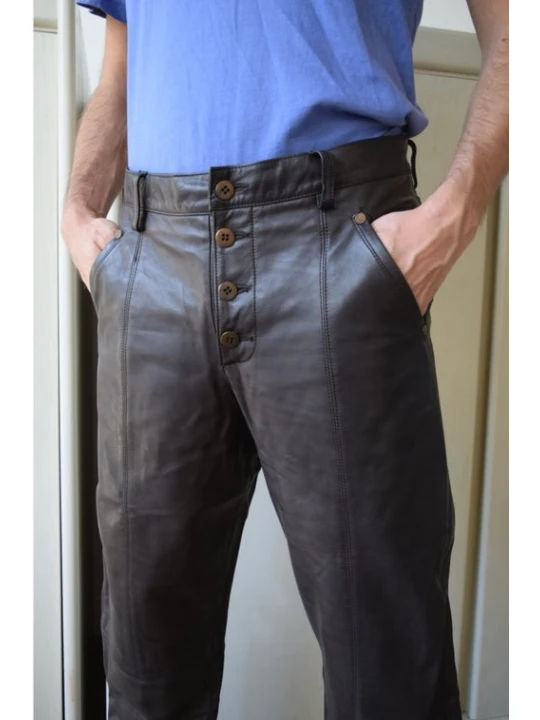 Mens Classic Genuine Soft Dark Brown Leather Straight Pants