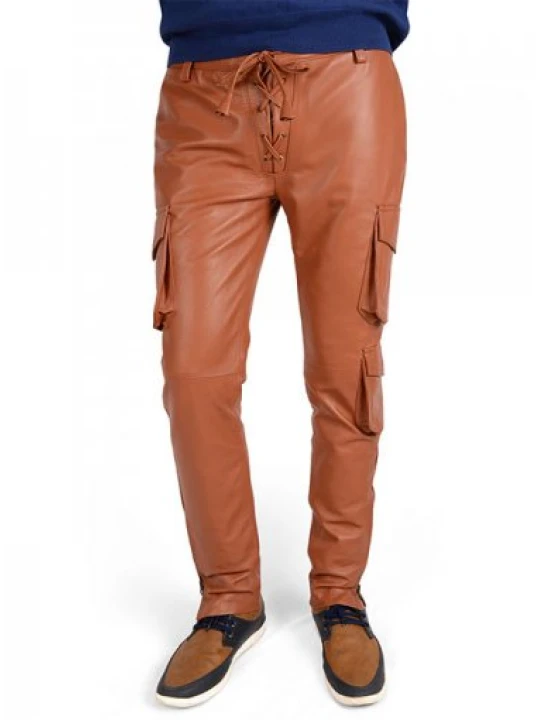 Mens Classic Genuine Soft Pure Tan Leather Cargo Pants