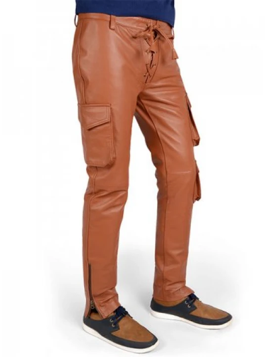 Mens Classic Genuine Soft Pure Tan Leather Cargo Pants