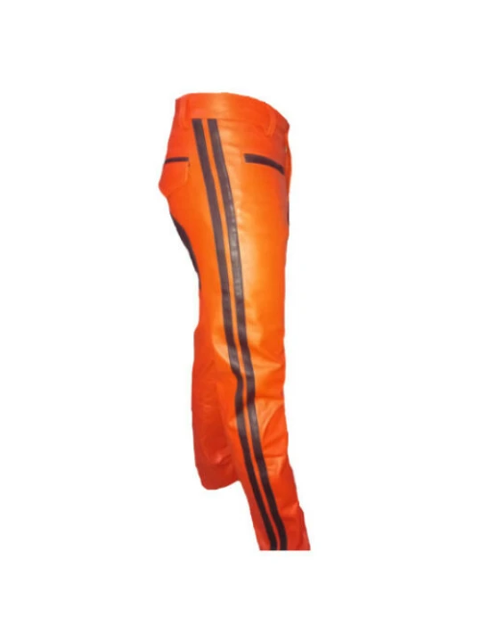 Mens Contrast Panels Real Orange Leather Bikers Leather Pants