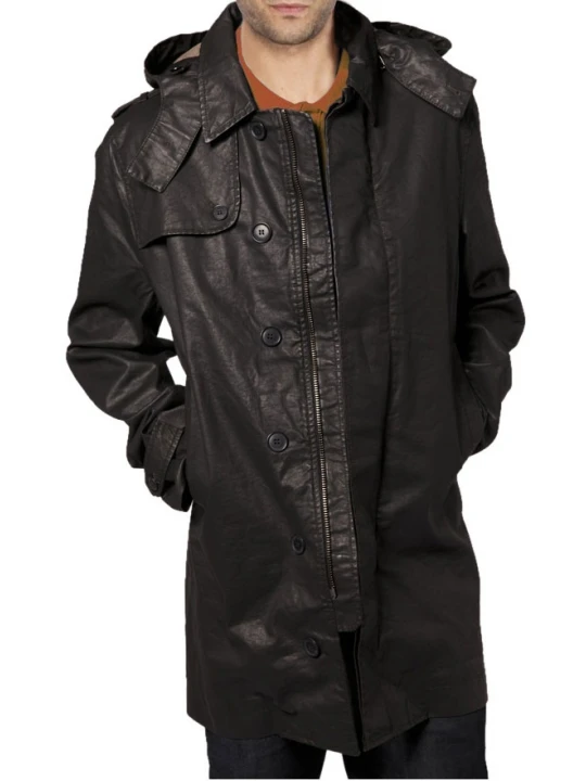 Mens Custom Made Hooded Black Leather Trench Coat