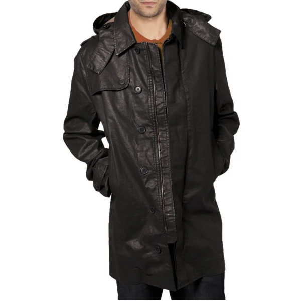 Mens Custom Made Hooded Black Leather Trench Coat