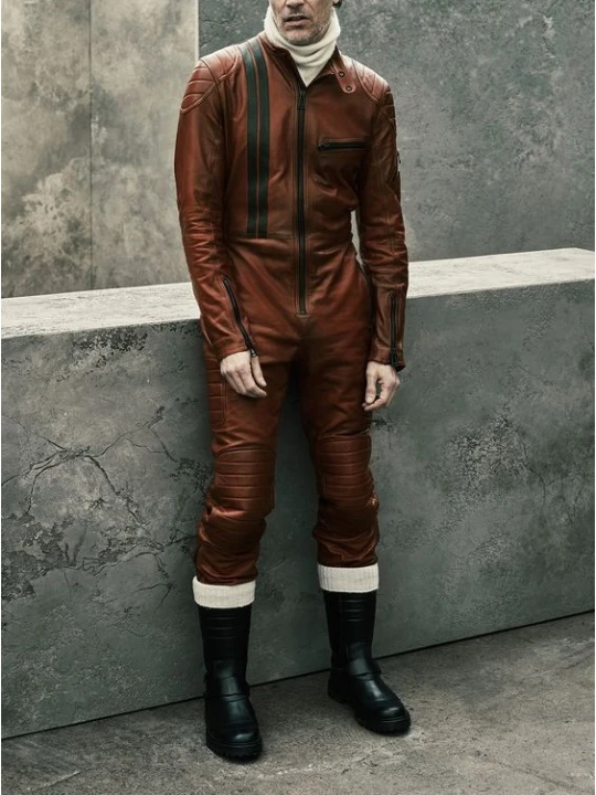 Mens Designer Genuine Lambskin Brown Leather Jumpsuit Catsuit