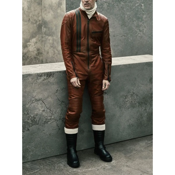 Mens Designer Genuine Lambskin Brown Leather Jumpsuit Catsuit