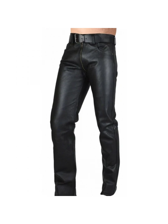 Mens Double Slider Zip Pure Black Leather Gay Pants