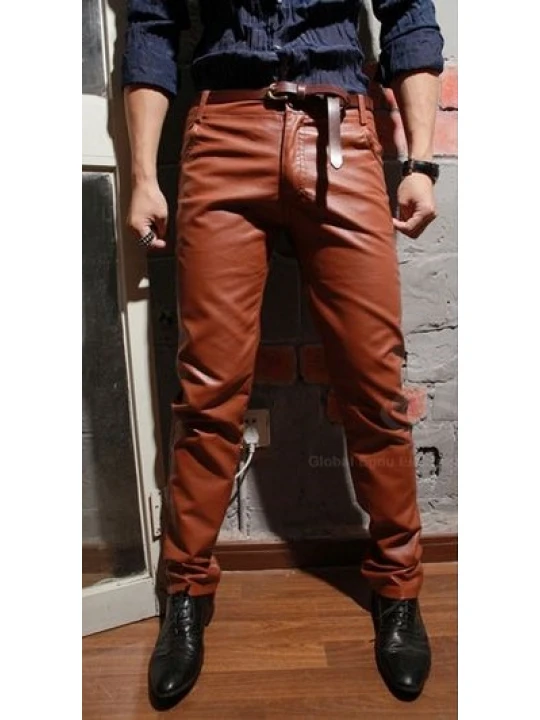 Mens Elegant Real Brown Leather Slim Trousers Pants