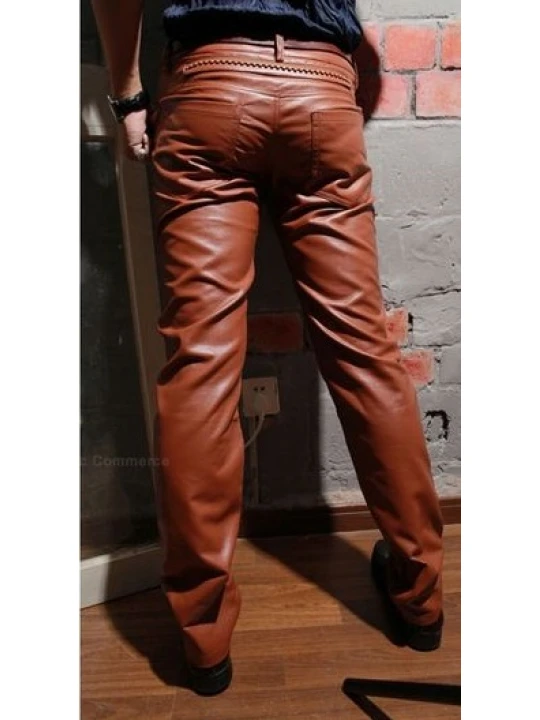 Mens Elegant Real Brown Leather Slim Trousers Pants