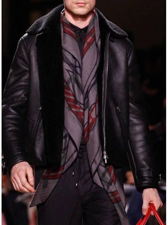 Mens Fall Fashion Black Leather Coat with Fur