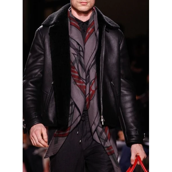 Mens Fall Fashion Black Leather Coat with Fur