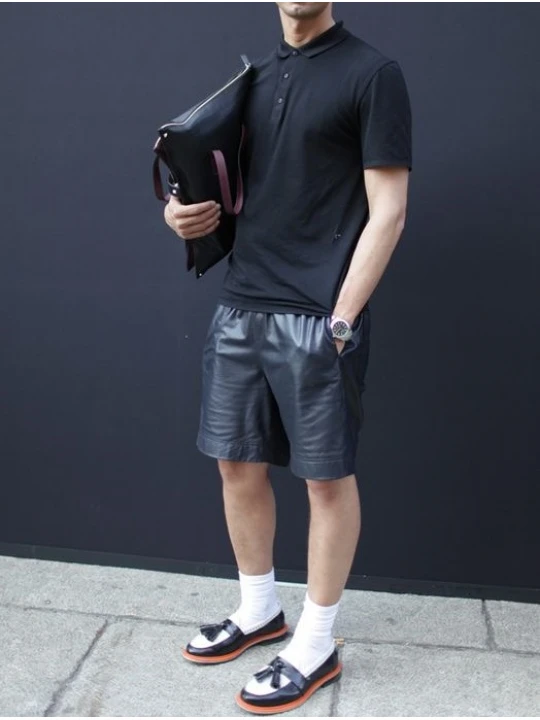 Mens Fashion Navy Blue Leather Short Outerwear
