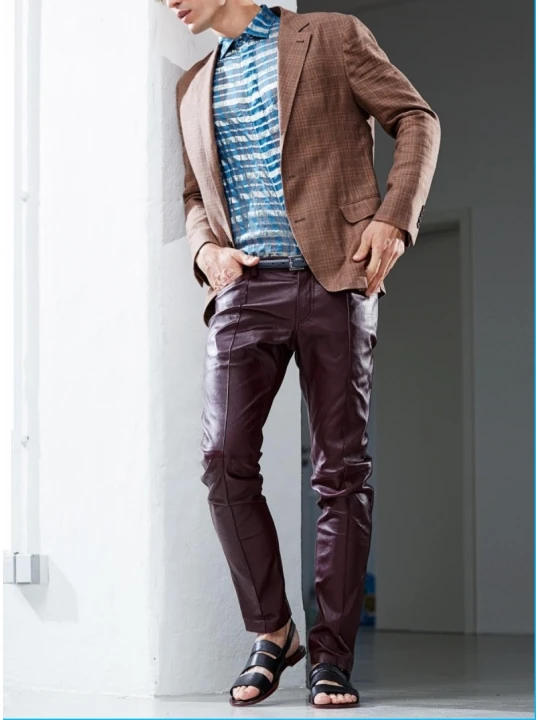 Mens Fashion Genuine Real Leather Straight Pants