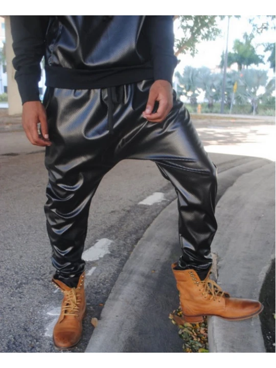 Mens Fashion Perforated Black Leather Drop Crotch Harem Pants