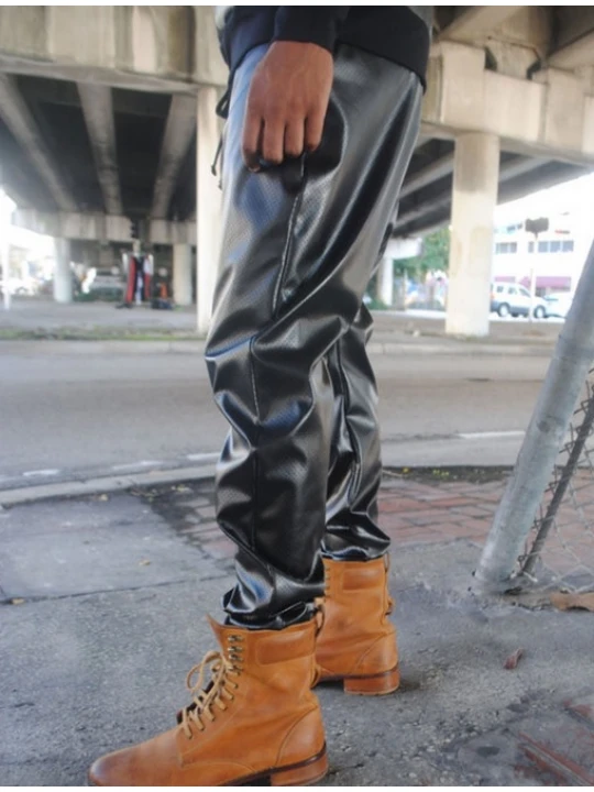 Mens Fashion Perforated Black Leather Drop Crotch Harem Pants