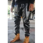 Mens Fashion Perforated Black Leather Drop Crotch Harem Pants