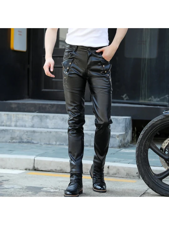 Mens Fashion Regular Fit Pure Black Leather Motorcycles Pants