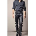 Mens Fashion Slim Fit Genuine Black Leather Pant