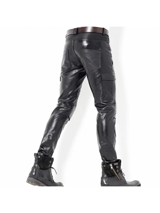 Mens Fashion Zipper Straight Skinny Genuine Black Leather Pants