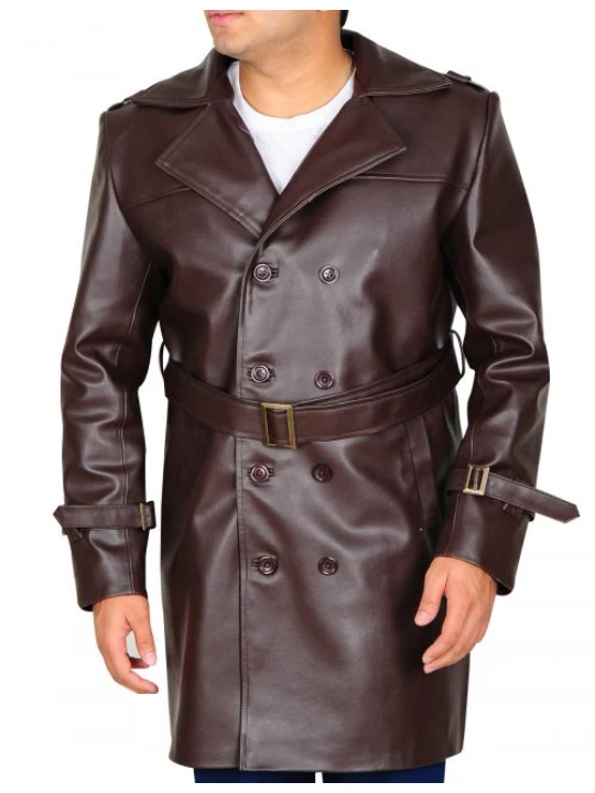 Mens Genuine Leather Dark Brown Trench Coat