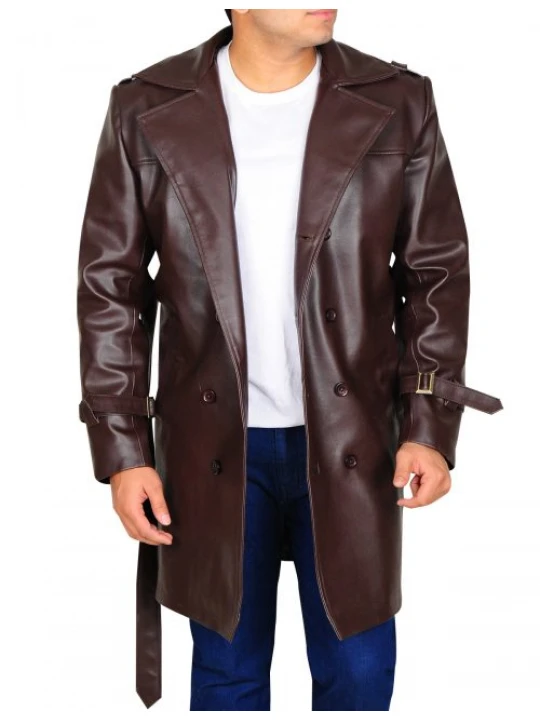 Mens Genuine Leather Dark Brown Trench Coat