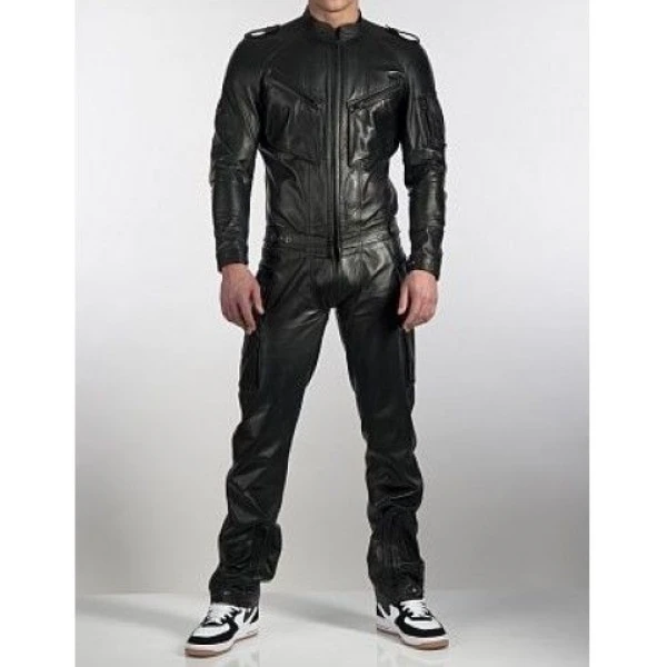 Mens Genuine Pure Black Leather Full Jumpsuit