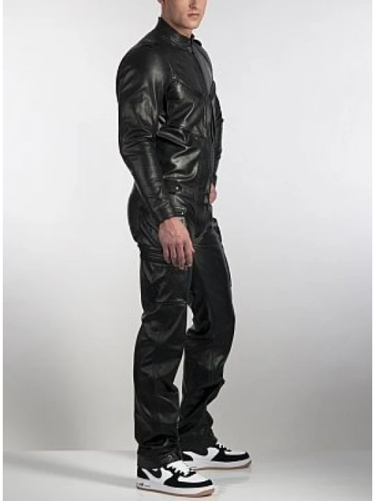 Mens Genuine Pure Black Leather Full Jumpsuit