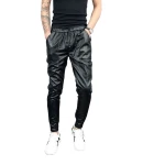 Mens Hip Hop Elastic Waist Genuine Black Leather Harem Joggers Pants