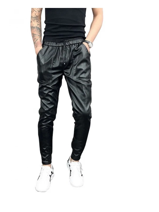Mens Hip Hop Elastic Waist Genuine Black Leather Harem Joggers Pants
